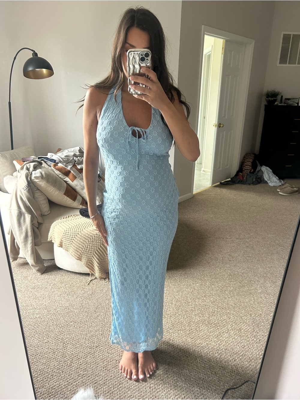 Women’s Light Blue Crochet Halter Midi Dress